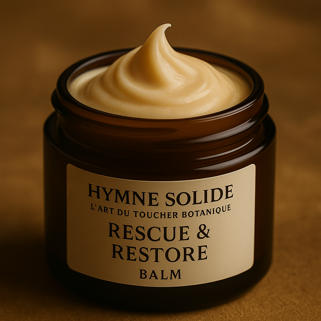 Close-up of a frosted, matte-black amber glass bottle. A refreshing, light-colored balm is visible inside, swirling and curling up towards the opening.